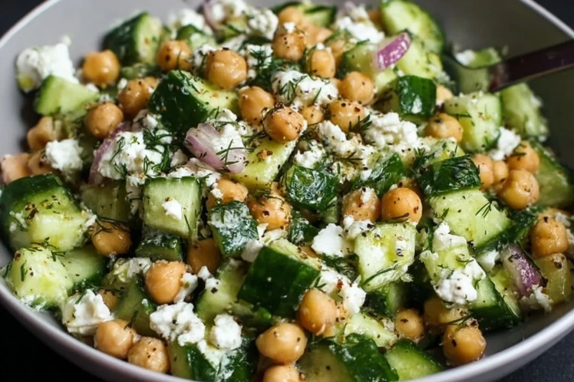 Fresh Cucumber Chickpea Feta Salad with vibrant colors in a bowl