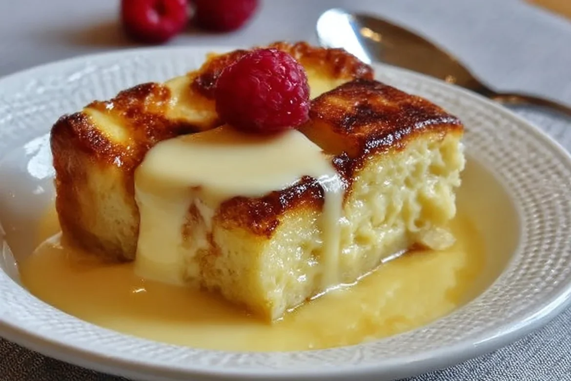 Delicious custard bread pudding drizzled with creamy vanilla sauce.