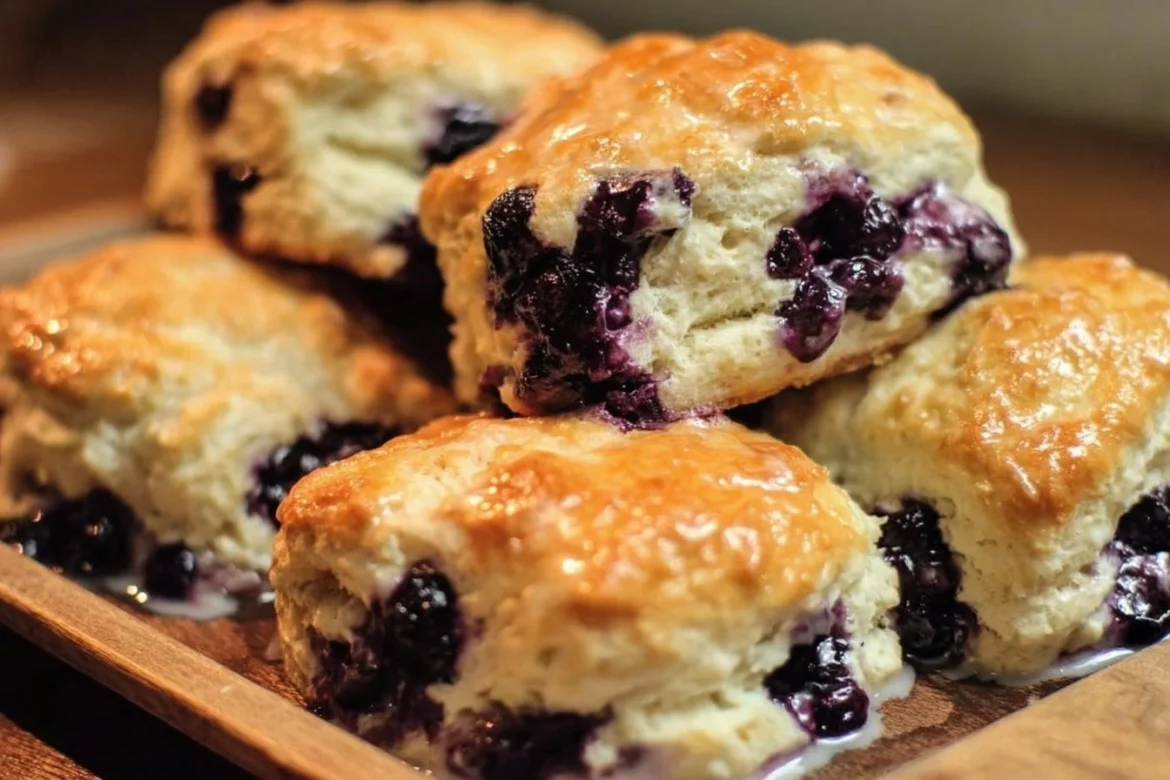 Freshly baked blueberry biscuits with a flaky texture and juicy blueberries