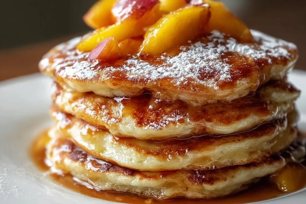 Delicious peach cobbler pancakes topped with fresh peaches and syrup