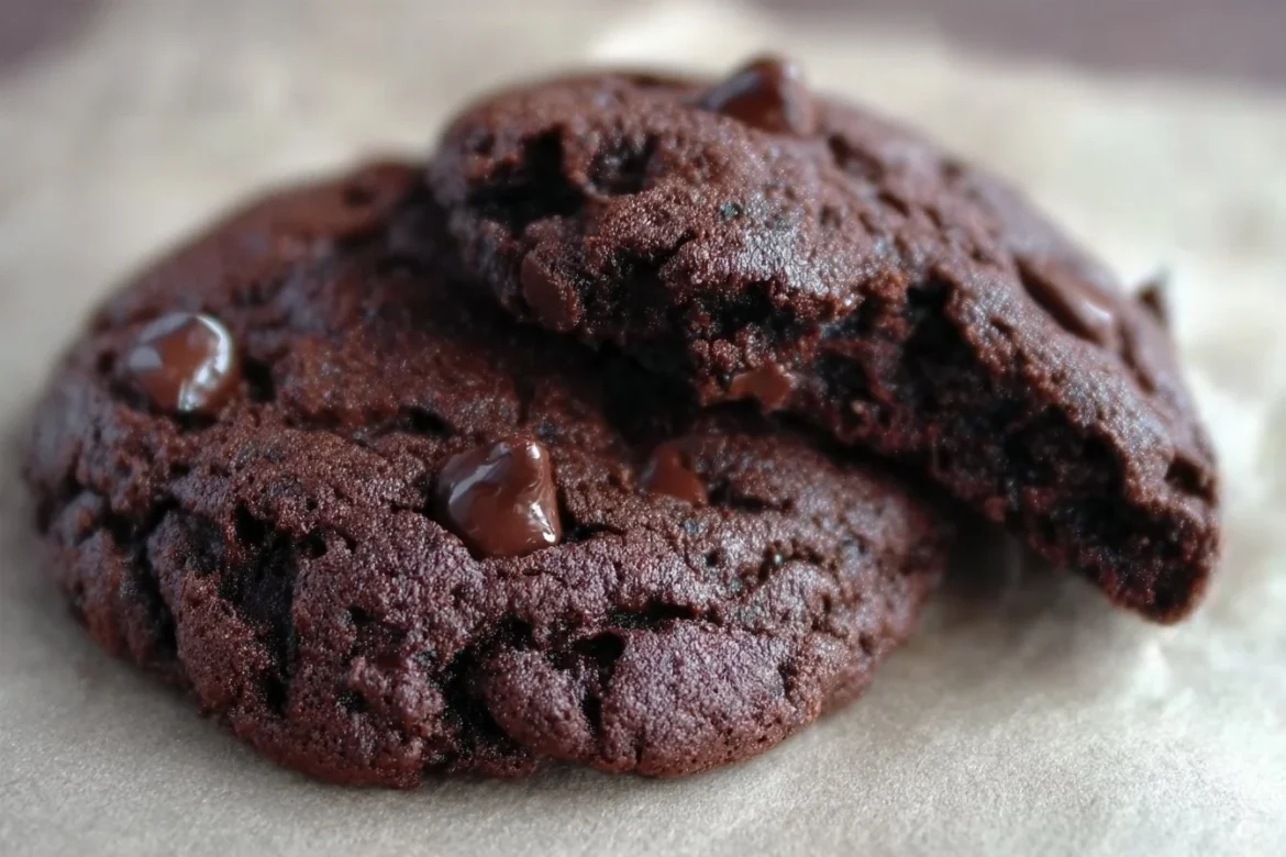 Freshly baked double chocolate chip cookies on a cooling rack.