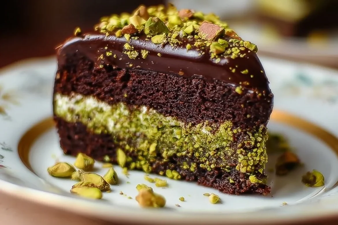 Slice of Dubai Chocolate Pistachio Cake showcasing chocolate and pistachio layers