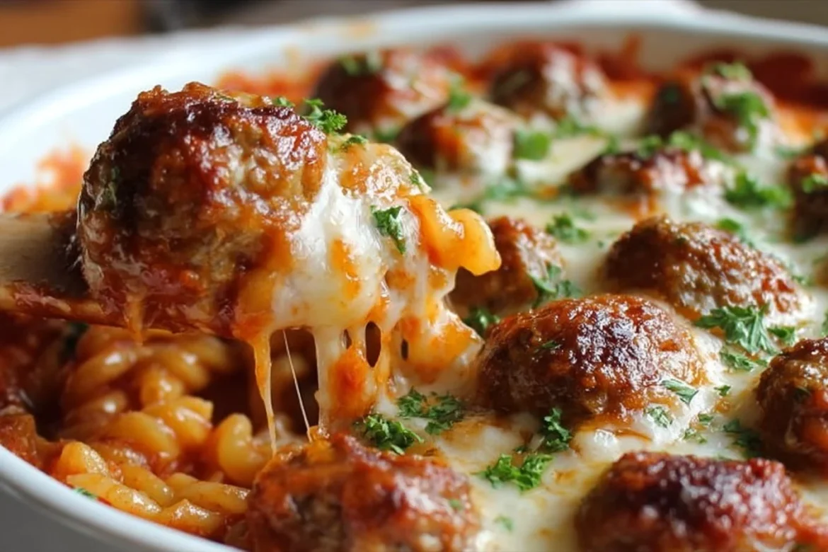 Delicious Dump and Bake Meatball Casserole fresh from the oven