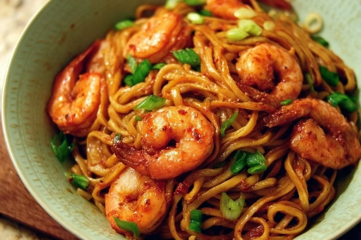 Bowl of easy chili garlic shrimp noodles with fresh vegetables