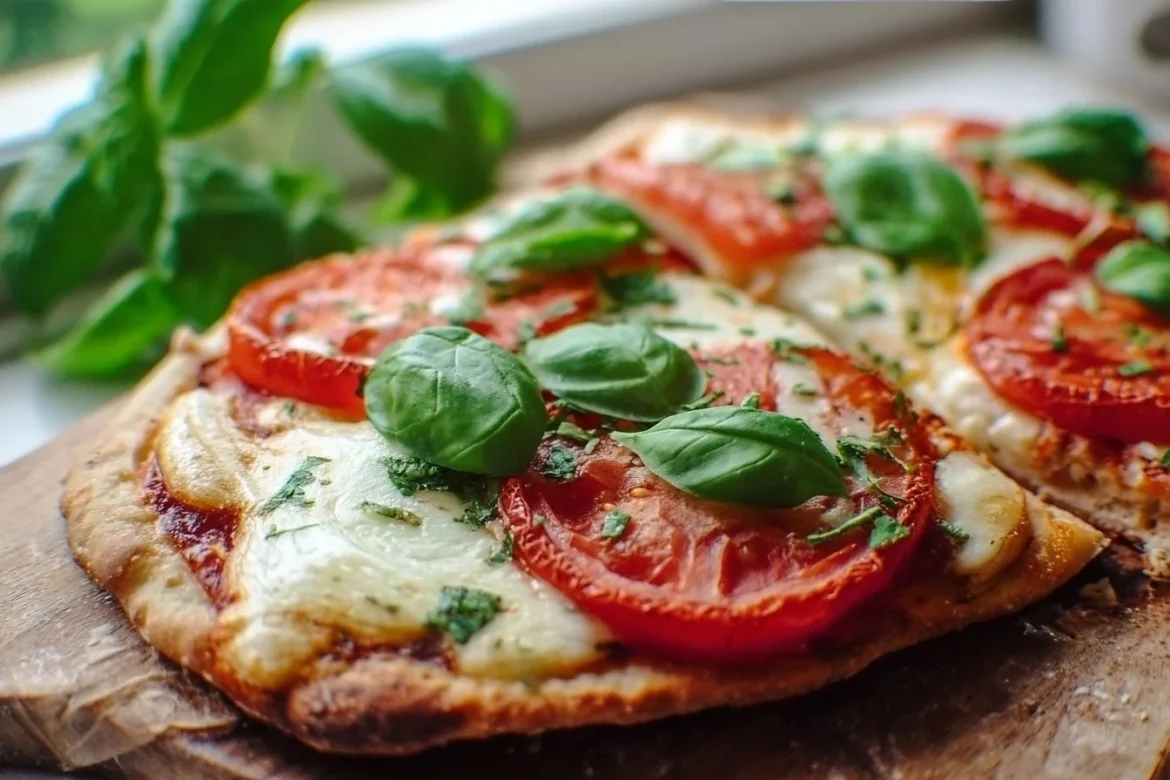 Delicious homemade Margherita flatbread topped with fresh tomatoes and basil