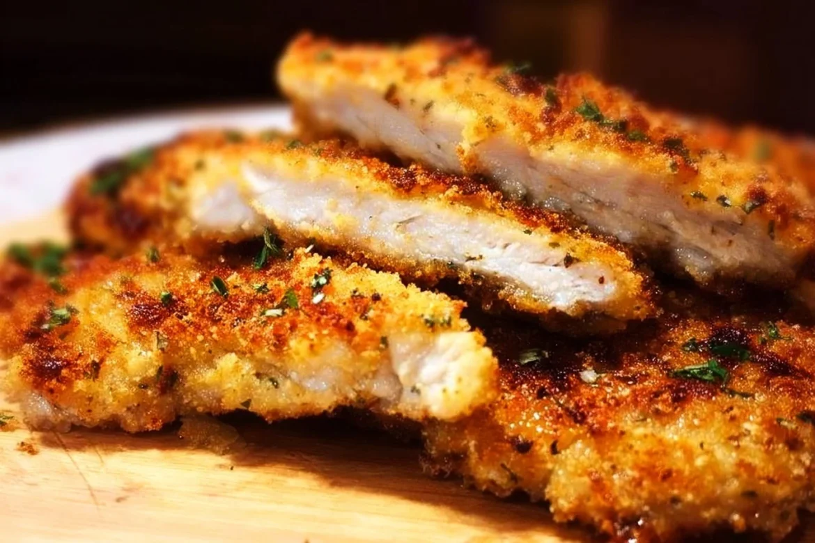 Plate of easy Italian chicken cutlets garnished with herbs.