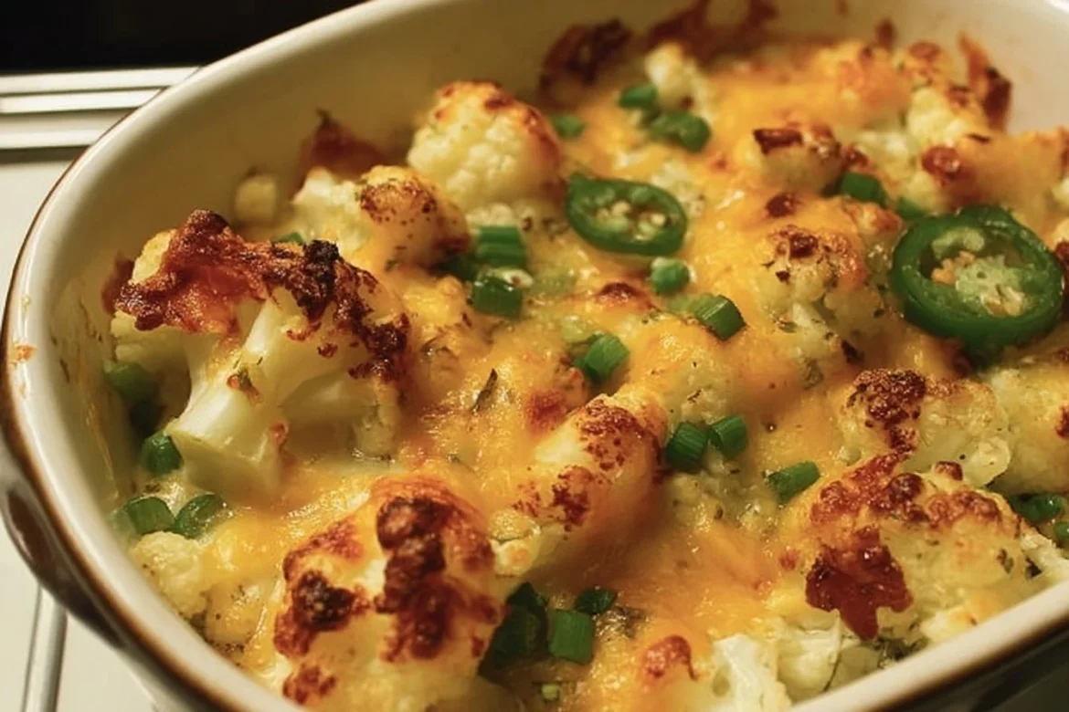 Easy jalapeno popper cauliflower casserole baked and ready to serve