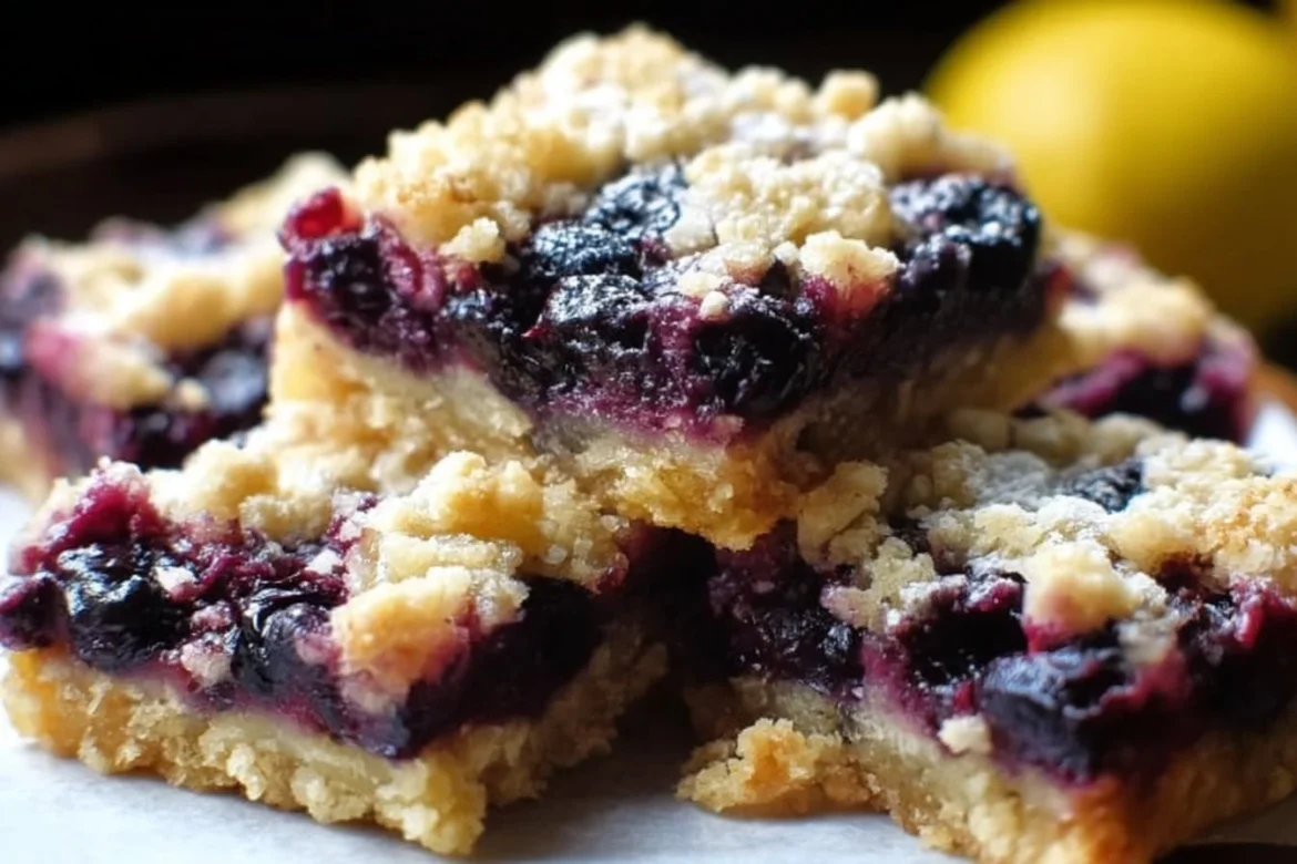 Deliciously baked lemon blueberry bars served on a plate