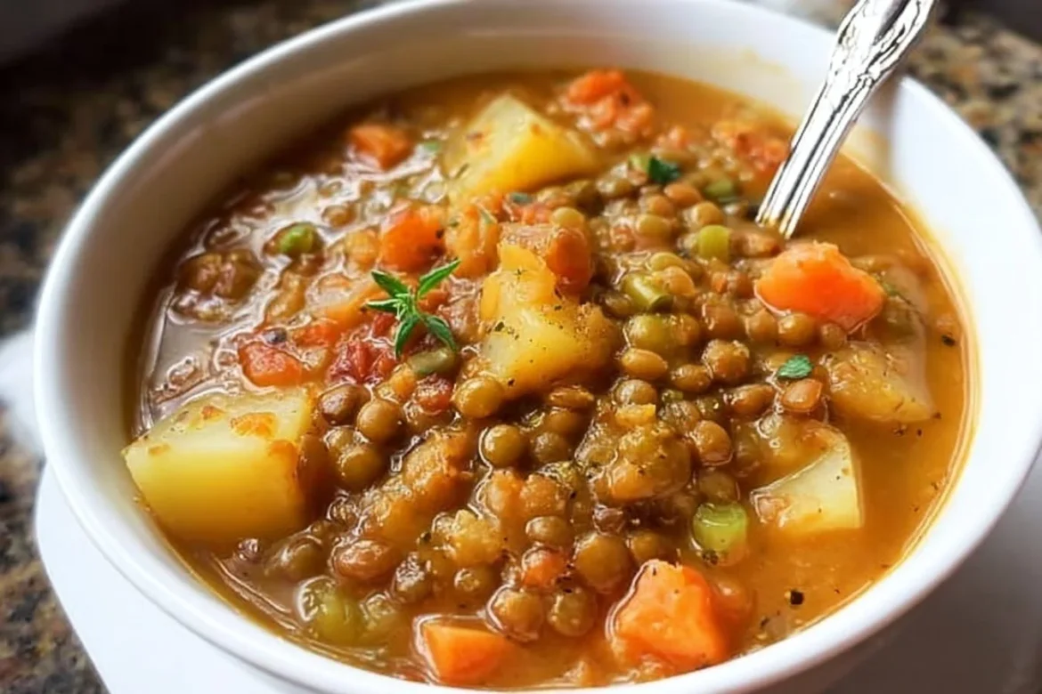 Bowl of delicious homemade Easy Lentil Potato Soup with herbs