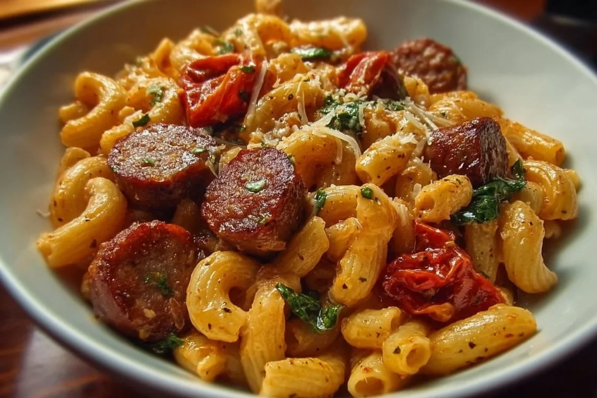 Plate of Easy Marry Me Sausage Pasta with fresh herbs and parmesan cheese.