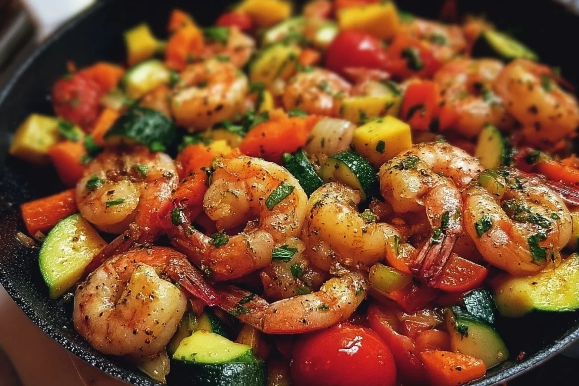 Easy shrimp and vegetables skillet dish made with fresh ingredients