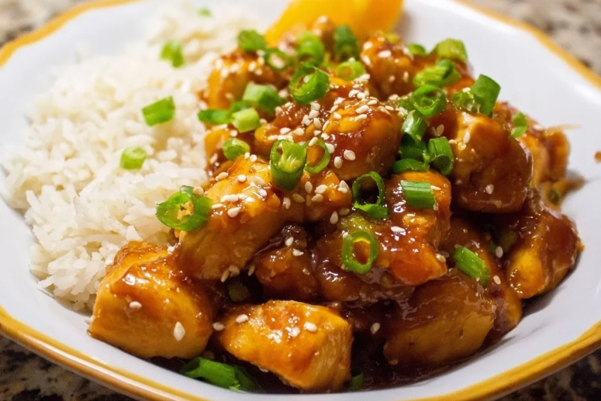 Delicious slow cooker orange chicken served with rice and vegetables