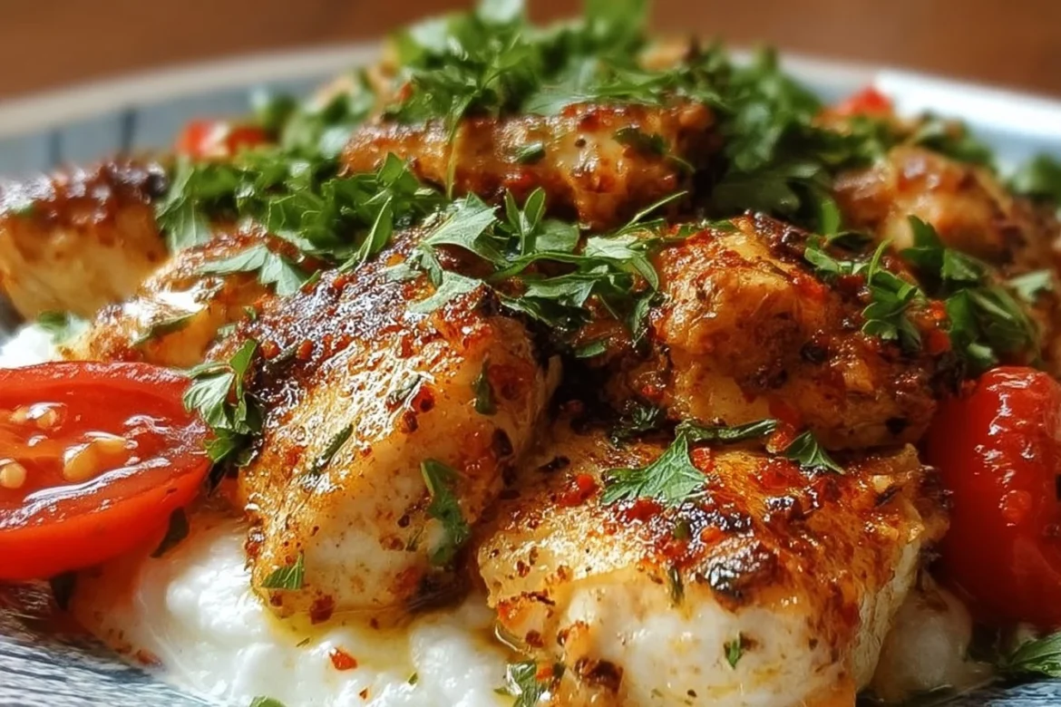 Delicious Easy Turkish Yogurt Chicken served with fresh herbs and spices