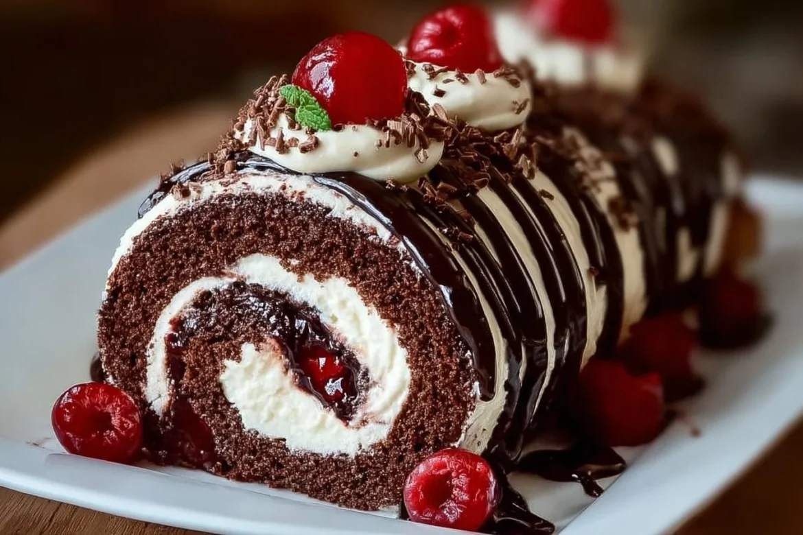 Elegant Black Forest Cake Roll with cherries and whipped cream