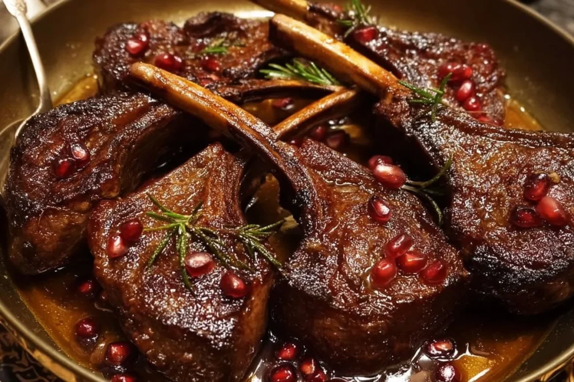 Fancy pomegranate lamb chops garnished with pomegranate seeds and herbs