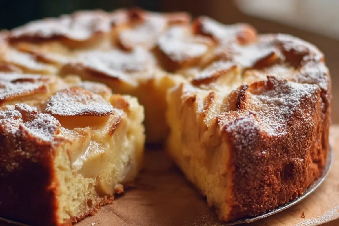 Slice of French apple cake topped with powdered sugar and fresh apples