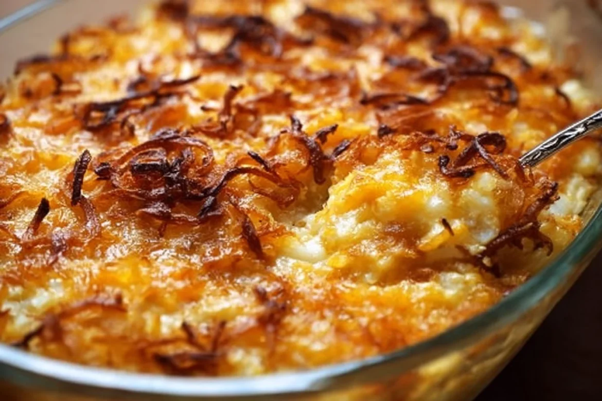 Baked French Onion Funeral Potatoes topped with crispy cheese and onions