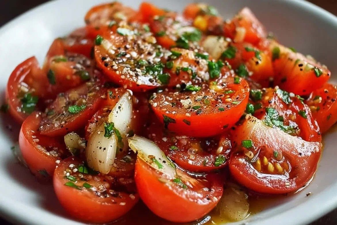 Vibrant tomato garlic salad with fresh herbs and a drizzle of olive oil