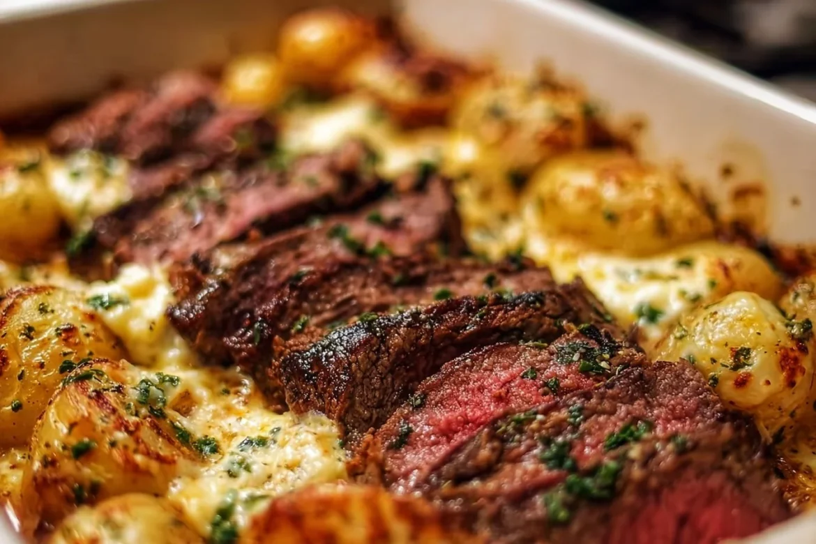 Garlic Butter Steak served with Cheddar Potato Bake on a plate