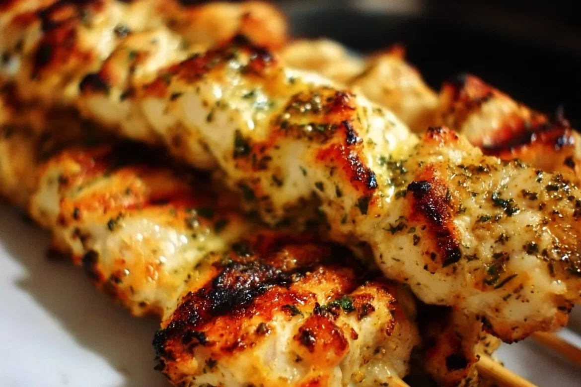 Grilled Garlic Parmesan Chicken Kebabs served on a plate garnished with herbs.