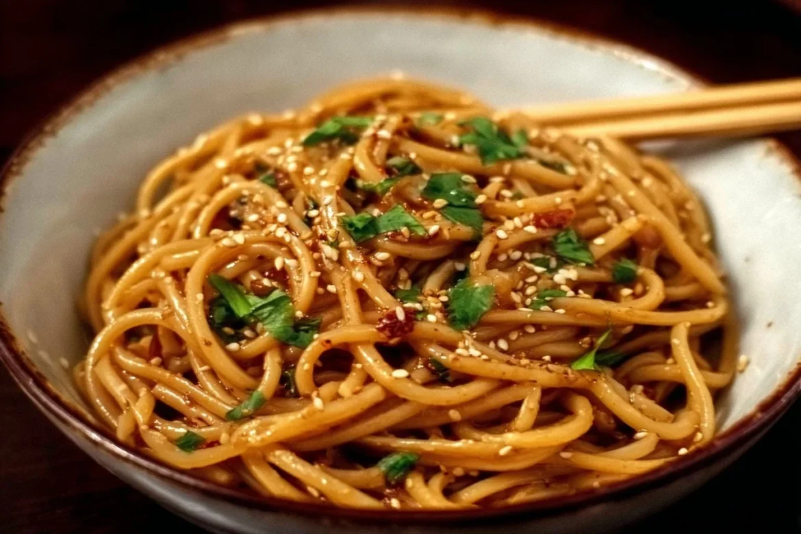 A bowl of Garlic Sesame Noodles garnished with sesame seeds and green onions