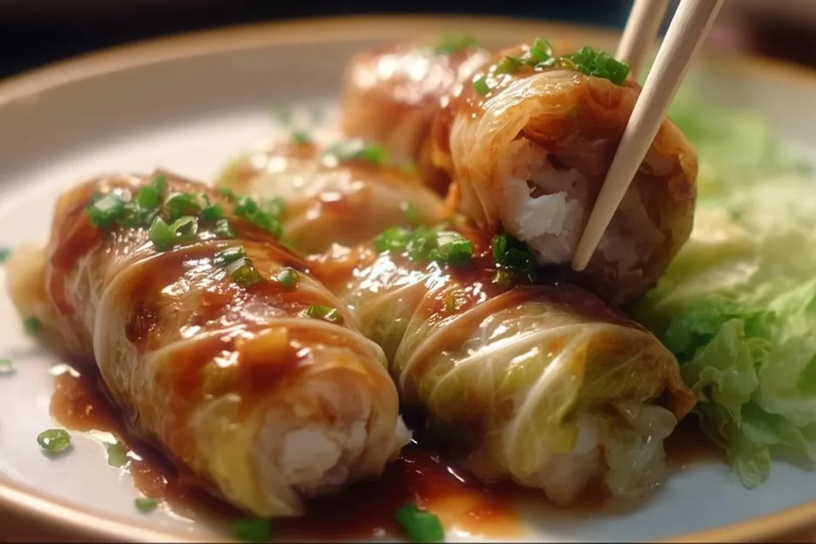 Delicious garlic soy Napa cabbage rolls served on a plate