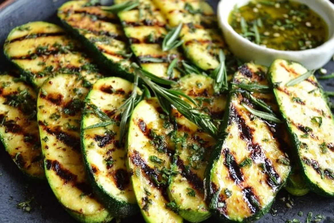 Garlicky herb grilled zucchini on a plate, garnished with herbs and spices.