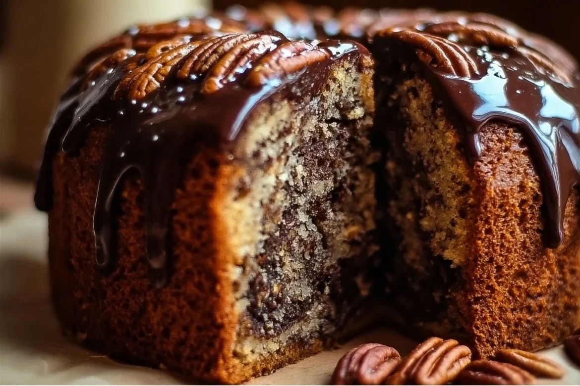 German chocolate pecan pound cake with chocolate frosting and pecans