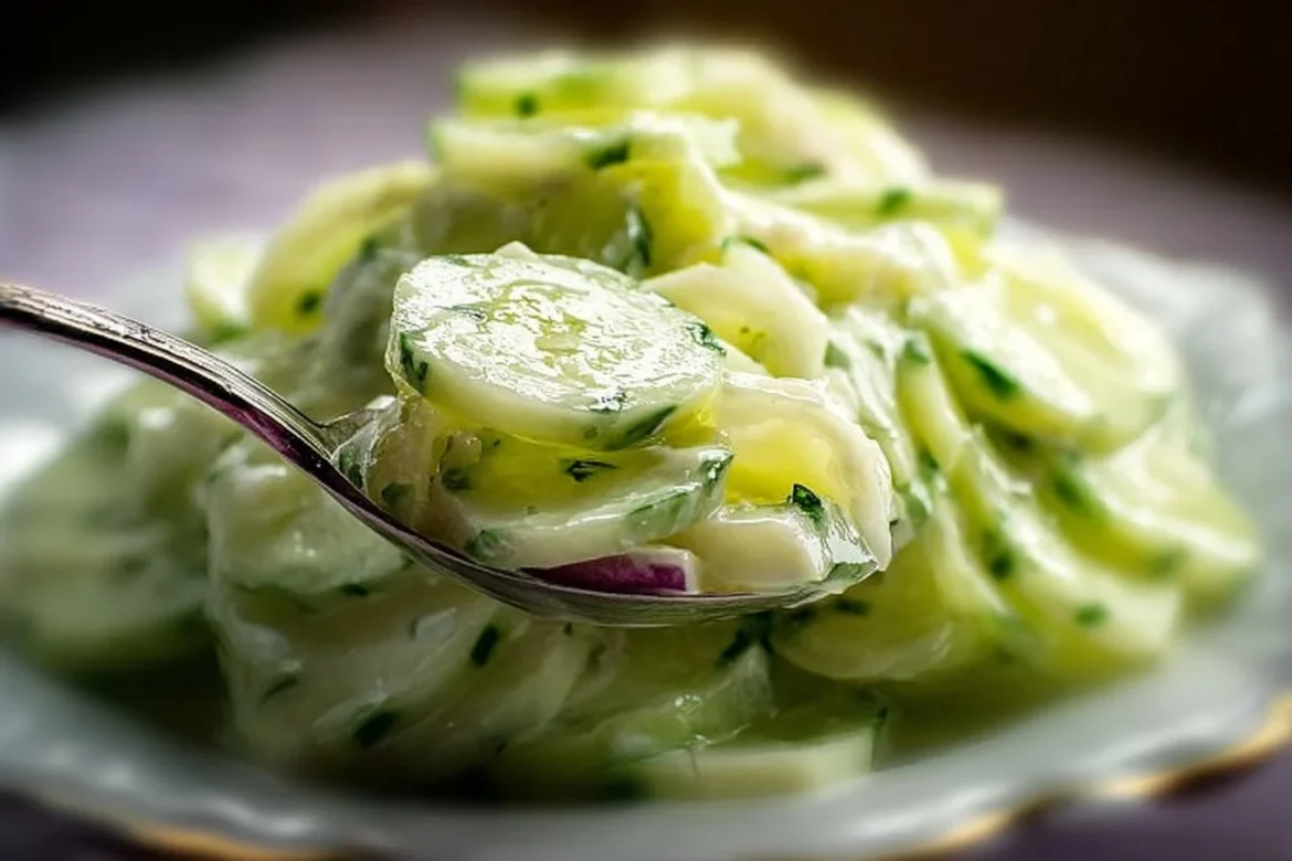 A bowl of German cucumber salad with fresh cucumbers, onions, and herbs.