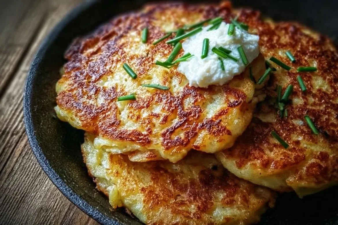 Crispy German potato pancakes served with sour cream and applesauce.
