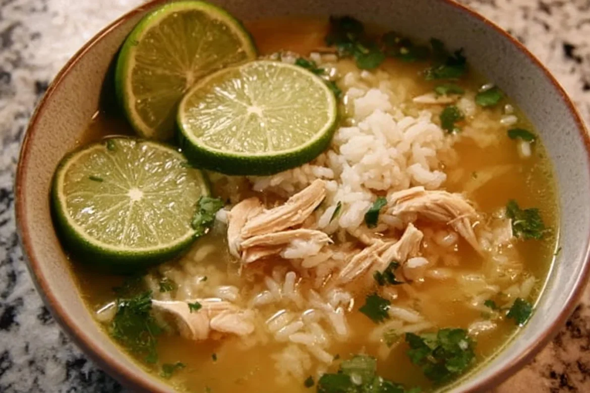 Bowl of Ginger Lime Chicken and Rice Soup garnished with herbs and lime slices