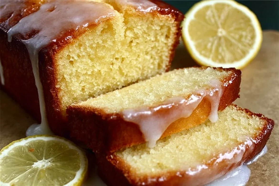 Glazed lemon pound cake loaf on a white plate, garnished with lemon slices.