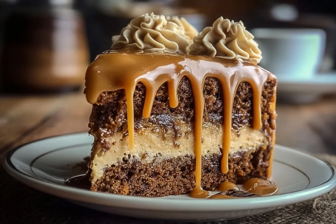 Gooey Coffee Caramel Cake topped with rich caramel and coffee flavor