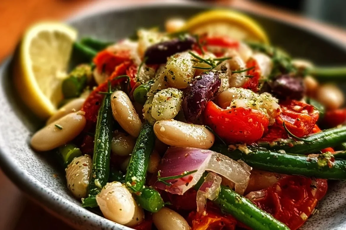 Greek Bean Salad with Lemon Marinated Beans in a vibrant bowl.