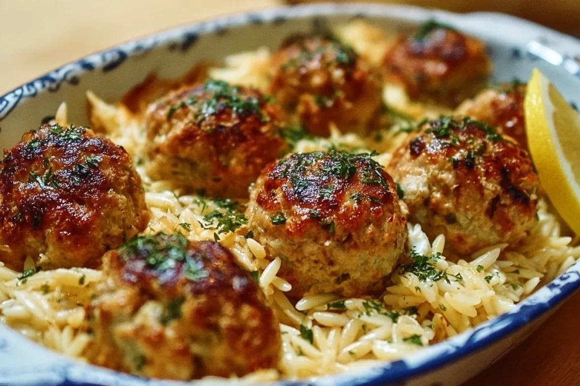 Greek chicken meatballs served with lemon orzo on a plate