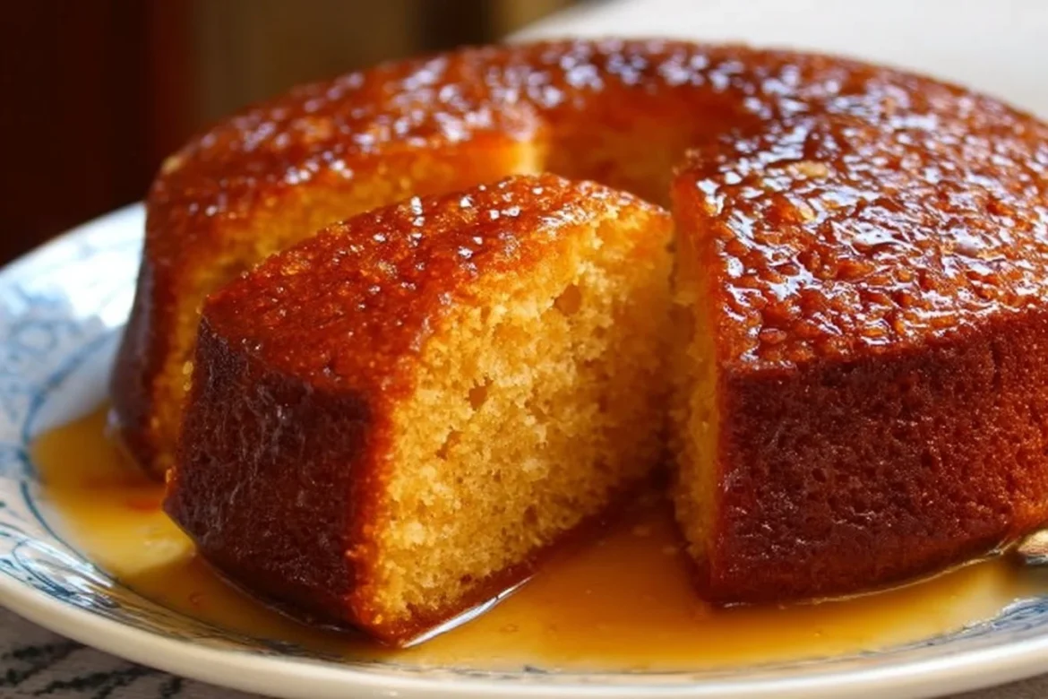 A slice of Greek honey cake topped with honey and nuts on a plate.
