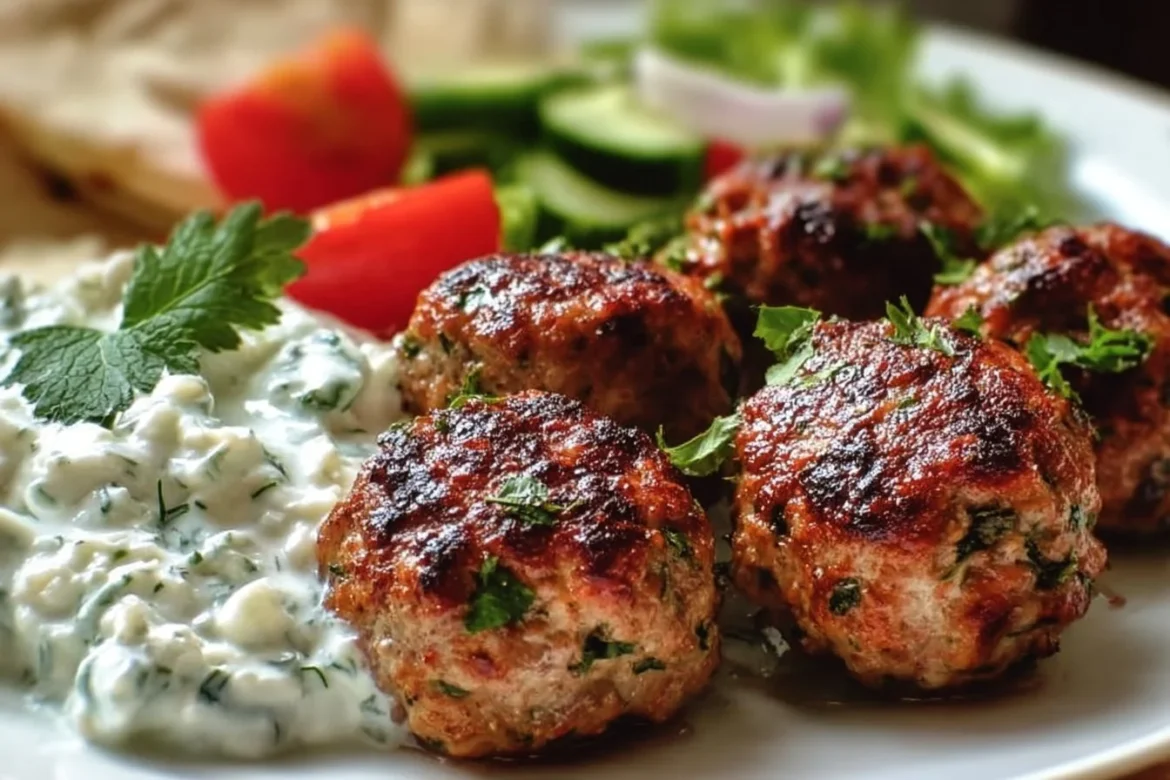 Greek turkey meatballs served with tzatziki sauce on a plate