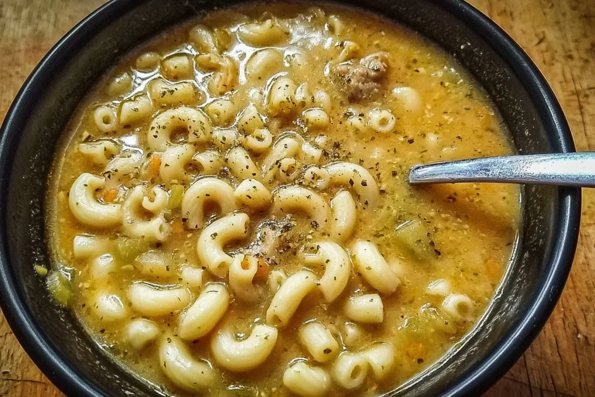 Hot bowl of Green Chile Macaroni Soup with pasta and green chiles