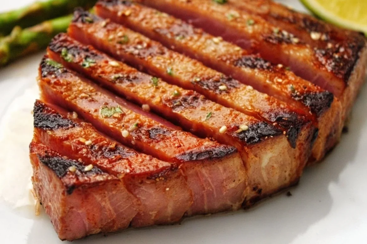 Grilled tuna steak garnished with herbs and served on a white plate