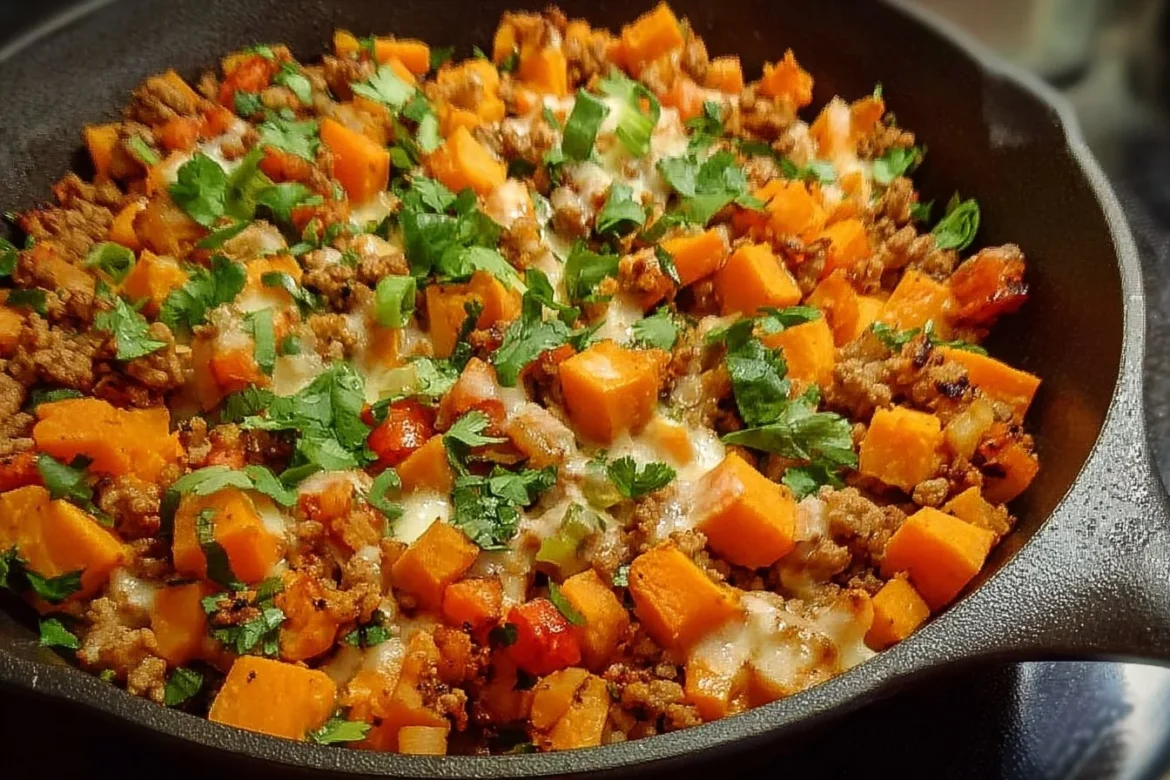Ground Turkey Sweet Potato Skillet in a skillet with fresh ingredients
