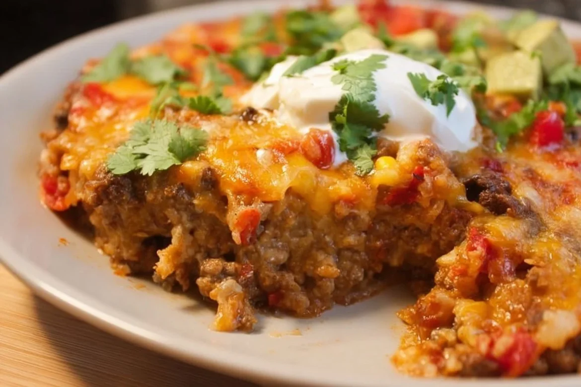 Ground turkey taco casserole topped with cheese and fresh vegetables