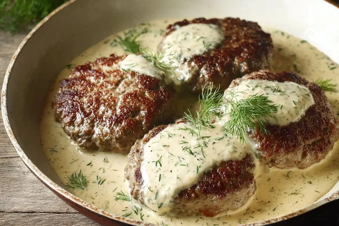 Plate of hamburger steaks in creamy dill sauce garnished with herbs