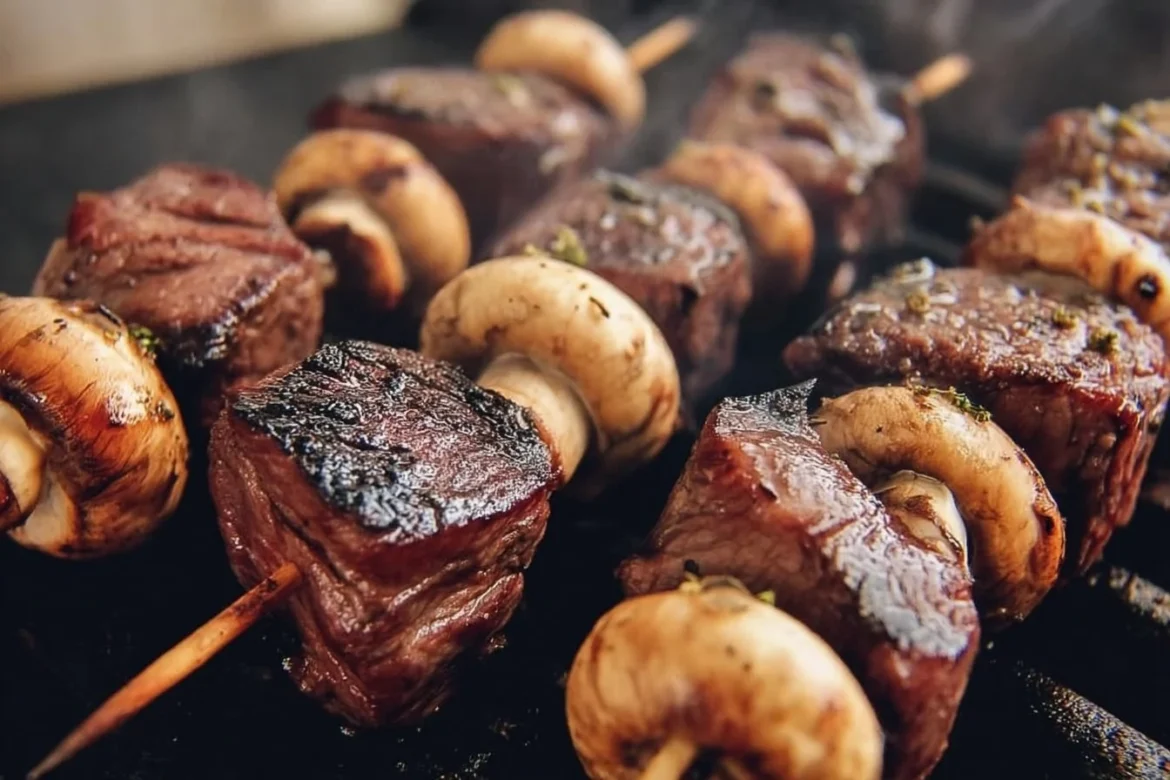 Healthy grilled steak and mushroom kabobs on a plate, garnished with herbs.