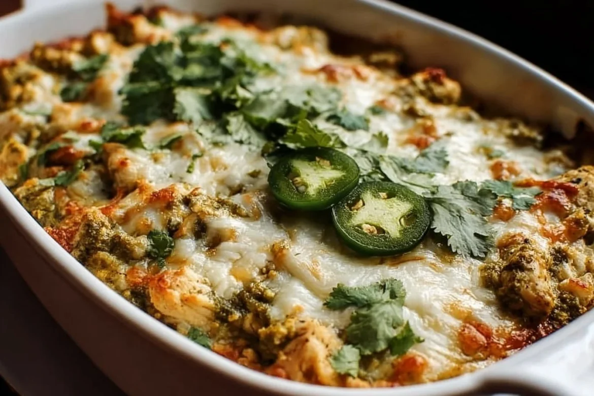 Healthy salsa verde chicken casserole topped with fresh ingredients