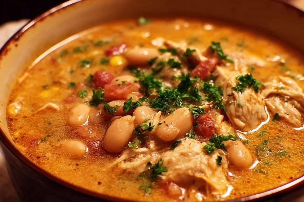 Bowl of Hearty Cajun White Chicken Chili with herbs and spices
