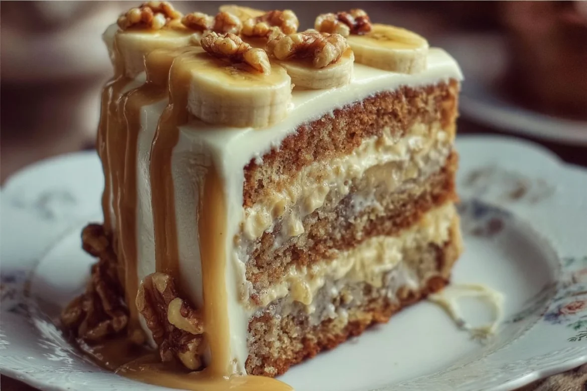 Heavenly Banana Walnut Cream Cake with creamy topping and walnuts