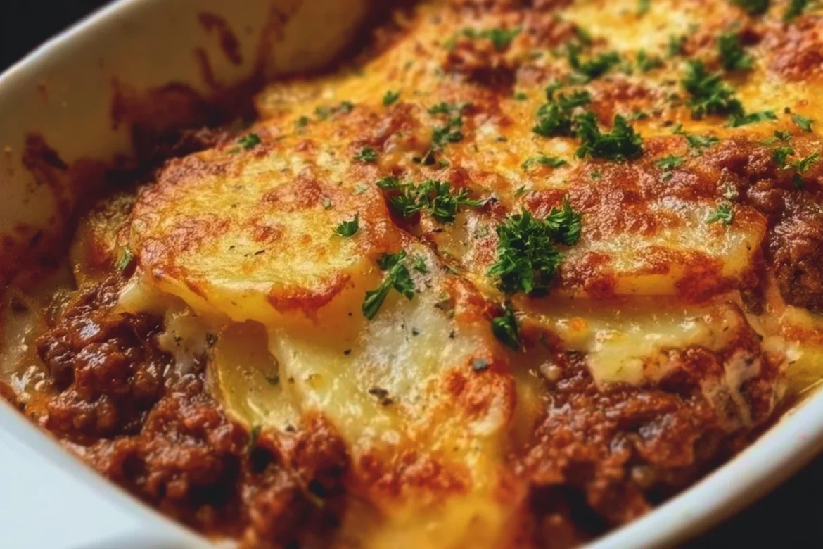 A serving of Hobo Casserole featuring ground beef, vegetables, and cheese.