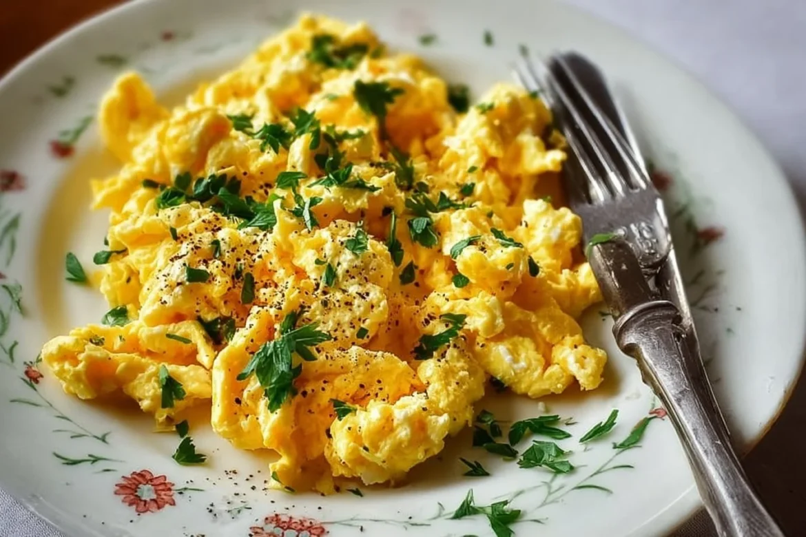 Plate of homemade cottage cheese scrambled eggs garnished with herbs