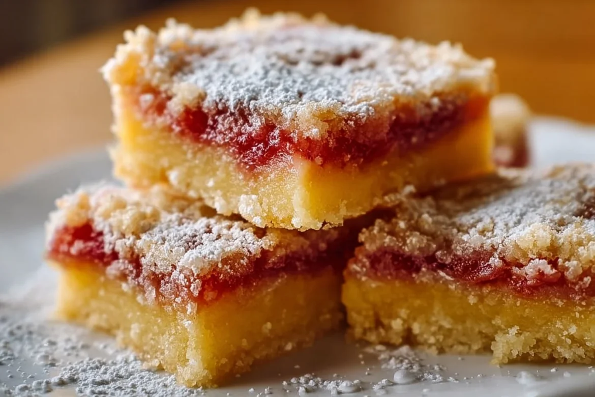 Delicious homemade lemon rhubarb bars with a crust and creamy filling