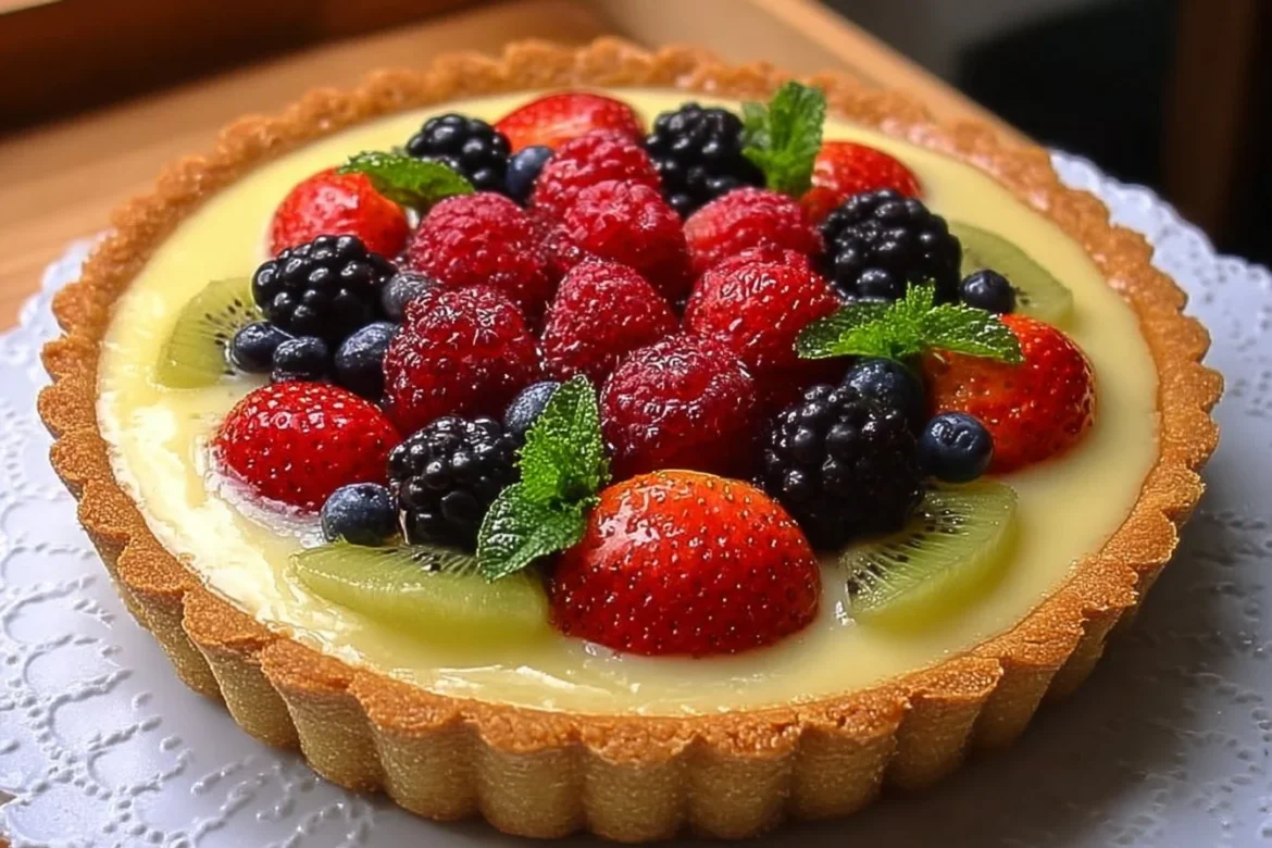 Homemade vanilla custard fruit tart with fresh berries on top